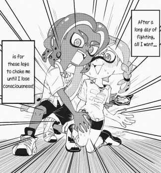 1boy 1girl ariamikukanzaki braid breasts commentary dark-skinned_male dark_skin emphasis_lines english_text eyebrow_cut greyscale hand_on_another's_thigh hirooooo_(splatoon) holding inkling kneeling monochrome nintendo octoling on_one_knee open_mouth screentones shirt shoes shorts side_braid small_breasts sneakers splatoon_(series) splatoon_3 sweat t-shirt tentacle_hair triangle_mouth v-shaped_eyebrows veronika_(splatoon)