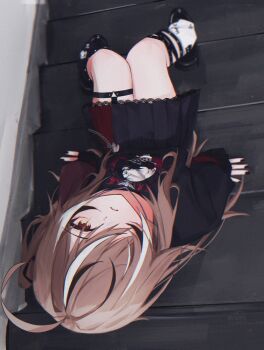  1girl absurdres ahoge black_hair black_leg_warmers black_nails black_shirt black_shoes black_skirt black_sweater brown_eyes brown_hair collarbone commentary emo_fashion expressionless frilled_skirt frills from_above hair_over_one_eye highres hololive hololive_english huge_ahoge jewelry knees_together_feet_apart leg_belt leg_warmers long_hair long_sleeves looking_at_viewer looking_up multicolored_hair nanashi_mumei nanashi_mumei_(emo) necklace official_alternate_costume parted_lips pleated_skirt print_shirt red_sweater saltdcrmell shirt shoes sitting sitting_on_stairs skirt skull sleeves_past_wrists solo stairs streaked_hair striped_clothes striped_sweater sweater sweater_under_shirt swept_bangs symbol-only_commentary thigh_strap thighs torn_clothes torn_sweater two-tone_sweater very_long_hair virtual_youtuber wallet_chain white_hair white_leg_warmers 