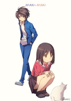  00s 1boy 1girl artist_name azumanga_daiou blue_jacket brown_eyes brown_hair cat crossover full_body hands_in_pockets highres jacket kasuga_ayumu name_connection narumi_ayumu pleated_skirt school_uniform serafuku simple_background skirt spiral_(manga) squatting yohan12 