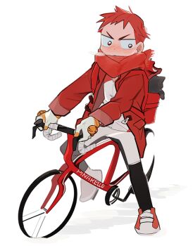  1boy aged_down backpack bag bike_jersey bike_shorts black_leggings blush breath child closed_mouth coat cold commentary cycling_uniform dot_nose duffel_coat full_body furrowed_brow gloves leggings leggings_under_shorts long_sleeves looking_down looking_to_the_side male_focus multicolored_gloves naruko_shoukichi nose_blush o_omome open_bag open_clothes orange_gloves partially_unbuttoned randoseru red_bag red_coat red_eyes red_hair red_scarf red_shoes road_bicycle scarf shoes short_bangs short_eyebrows short_hair sideways_glance simple_background sleeves_rolled_up sneakers solo spiked_hair symbol-only_commentary two-tone_gloves v-shaped_eyebrows very_short_hair white_background white_gloves winter_clothes winter_coat yowamushi_pedal 