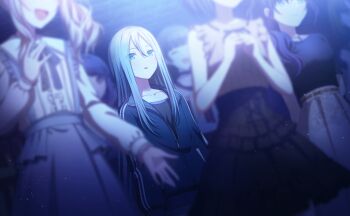  1other 25-ji_nightcord_de._(project_sekai) 5girls :d akiyama_mizuki asahina_mafuyu black_hair black_shirt black_skirt blue_eyes blue_jacket blurry brown_hair collarbone colorful_palette game_cg grey_skirt hair_behind_ear highres jacket multiple_girls official_art open_mouth out_of_frame pink_hair project_sekai purple_hair scramble_fan_festa!_(project_sekai) shinonome_ena shirt skirt smile third-party_source white_hair yoisaki_kanade 