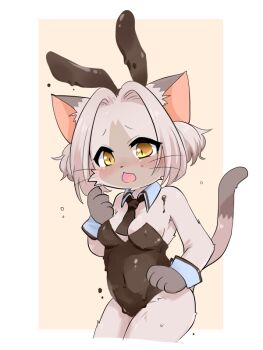  1girl alternate_costume animal_ears animal_hands blush border breasts brown_fur brown_hair cat_busters cat_ears cat_girl cat_tail cleavage commentary_request covered_erect_nipples debu_nezu detached_collar fake_animal_ears furry furry_female hat leotard open_mouth playboy_bunny praline_(cat_busters) rabbit_ears short_hair simple_background small_breasts solo standing strapless strapless_leotard tail two_side_up white_border wrist_cuffs yellow_background yellow_eyes 