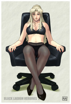 1girl azasuke balalaika_(black_lagoon) bare_shoulders black_bra black_lagoon black_panties black_pantyhose blonde_hair bra breasts chair cleavage crossed_legs female_focus green_eyes high_heels highres lingerie long_hair midriff mole navel panties pantyhose pantyshot scar serious shoes sitting solo underwear rating:Questionable score:42 user:adduce