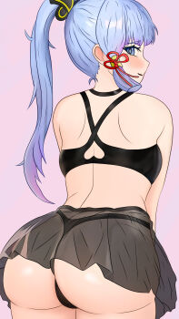 1girl alternate_costume artist_request ass ass_focus ayaka_(genshin_impact) bare_shoulders blue_eyes blue_hair blush cameltoe come_hither from_behind genshin_impact gradient_hair hair_ornament highres huge_ass long_hair looking_at_viewer looking_back miniskirt multicolored_hair naughty_face open_mouth ponytail purple_hair see-through_clothes see-through_skirt skirt smile solo thong very_long_hair rating:Sensitive score:34 user:armorcrystal