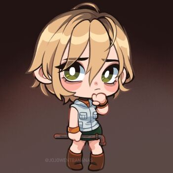  1girl artist_name blonde_hair chibi gradient_background green_eyes green_skirt hair_between_eyes heather_mason holding holding_lead_pipe joanna_went_bananas lead_pipe silent_hill_(series) silent_hill_3 skirt vest white_vest  rating:General score:3 user:danbooru