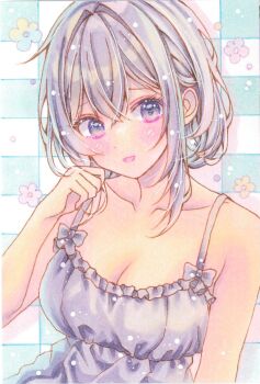  1girl blush breasts checkered_background cleavage collarbone crossed_bangs double-parted_bangs grey_eyes grey_hair grey_shirt hair_between_eyes hananagi_honoka hand_up hashtag-only_commentary highres large_breasts long_bangs looking_at_viewer marker_(medium) medium_hair original parted_lips raised_inner_eyebrows shirt sleeveless sleeveless_shirt smile solo spaghetti_strap traditional_media upper_body 