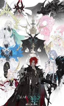  3girls 5boys :d abs absurdres aiguillette androgynous animal animal_ear_piercing animal_ears armlet armor asymmetrical_sleeves bare_shoulders belt black_belt black_bow black_cape black_coat black_gloves black_horns black_leotard black_pants black_robe black_shirt black_skin black_skirt black_veil black_wings blindfold_mask blonde_hair blue_bow blue_bowtie blue_flower blue_jacket bow bow_legwear bowtie braid breasts brooch cane cape chest_tattoo chinese_commentary circlet clawed_gauntlets cleavage closed_mouth clothing_cutout coat coif collar collarbone colored_skin commentary_request copyright_name covered_erect_nipples covered_eyes cowboy_shot cross-laced_clothes cross-laced_cutout curtained_hair dark-skinned_male dark_skin demon_girl demon_horns detached_collar detached_sleeves dragon dress earrings expressionless eyes_on_wings feathered_wings flipped_hair floating_armor floating_headgear flower flower_clothes flower_earrings frilled_leotard frills fur-trimmed_cape fur-trimmed_leotard fur_collar fur_hat fur_trim gauntlets gem giant_snake gloves gold_mask green_coat green_eyes grey_eyes hair_between_eyes half-closed_eyes halo halo_behind_head hat hat_bow hat_feather hat_flower headgear heart heart_brooch heart_wand high_collar highres hip_vent holding holding_cane holding_staff holding_sword holding_wand holding_weapon horns jacket jewelry large_breasts leotard lips long_hair long_skirt long_sleeves looking_at_viewer mask midriff_peek multicolored_coat multicolored_jacket multiple_boys multiple_girls multiple_horns multiple_wings neck_ruff no_shirt open_collar open_mouth orange_gem original oversized_animal pants papakha parted_bangs parted_lips pearl_earrings petite pink_collar pink_dress pink_flower planted planted_sword planted_weapon plunging_neckline pubic_tattoo puff_and_slash_sleeves puffy_long_sleeves puffy_sleeves purple_hair rabbit_ears raised_inner_eyebrows red_cape red_hair red_skin robe scar scar_across_eye scar_on_face sheath sheathed shirt short_dress short_hair shorts shoulder_armor shoulder_guard shrug_(clothing) side_braid side_cape side_slit simple_background skindentation skirt sleeves_past_wrists smile snake staff standing stole sweater_guard sword tareme tattoo thigh_strap thighhighs tilted_headwear toned toned_male twintails two-sided_cape two-sided_fabric two-sided_headwear two-tone_coat two-tone_dress two-tone_jacket upper_body v_arms veil wand watermark weapon weibo_watermark western_dragon white_armor white_background white_bow white_cape white_coat white_dress white_eyes white_flower white_hair white_hat white_jacket white_pants white_shorts white_thighhighs wide_sleeves wings wrinkled_skin yellow_eyes yellow_halo yu_er_zhen_xian 