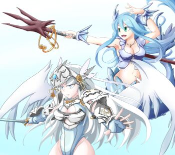  2girls angel angel_wings animal_ears arm_armor armor armored_collar armored_gloves armpits bikini_armor blue_background blue_eyes blue_gemstone blue_gloves blue_hair blue_leotard blue_scales blue_shirt breasts cleavage collarbone commentary_request feathered_wings fingerless_gloves fins gem gloves gradient_background green_eyes hair_ornament head_fins helmet holding holding_polearm holding_sword holding_weapon jessie_(mon-musu_quest!) jewelry large_breasts leotard long_hair mermaid mon-musu_quest! monster_girl multiple_girls navel necklace open_mouth polearm red_gemstone scales shirt short_sleeves shoulder_armor siwanna sleeveless smile sword tail valkyrie victoria_(mon-musu_quest!) weapon white_armor white_hair white_wings winged_helmet wings 