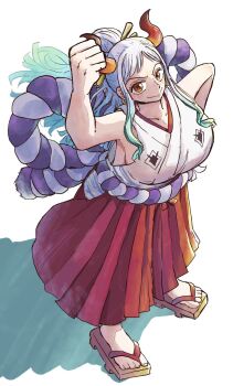  1girl arm_up blunt_ends breasts clenched_hand collarbone commentary_request eyelashes from_above full_body geta gradient_hair green_hair guuuuuue0 hair_ornament hair_stick hand_on_own_hip highres horns large_breasts long_hair multicolored_hair one_piece red_skirt rope shadow shimenawa skirt solo standing toes two-tone_hair white_background white_hair yamato_(one_piece) yellow_eyes 