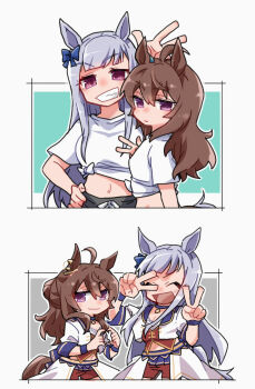  2girls :d ^_^ ahoge animal_ears beer_hsk blue_bow blue_choker bow breasts brown_hair choker cleavage closed_eyes closed_mouth commentary_request ear_bow gaze_on_me!_outfit_(umamusume) gold_ship_(umamusume) grey_hair grin hair_between_eyes highres horse_ears horse_girl horse_tail long_hair medium_breasts multiple_girls nakayama_festa_(umamusume) open_mouth purple_eyes red_eyes shirt smile starting_future_(umamusume) tail tied_shirt umamusume v v_over_eye very_long_hair white_shirt 