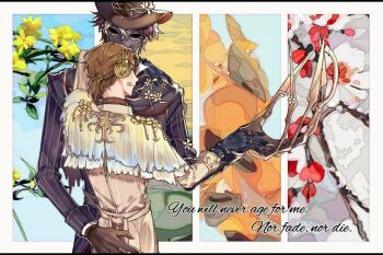  2boys arm_around_shoulder black_coat black_gloves black_hair black_hat black_pants black_scarf blue_eyes border brown_capelet brown_coat brown_gloves brown_hair capelet chinese_commentary claw_(weapon) closed_mouth coat collared_shirt column_lineup_background covered_face english_text floral_background flower flower_ornament from_behind gloves hand_on_another's_ass hand_on_another's_hand hat hat_flower headset height_difference highres identity_v jack_(identity_v) jack_(tuberose)_(identity_v) jewelry long_sleeves looking_at_viewer looking_back low_ponytail male_focus mask medium_hair multicolored_hair multiple_boys multiple_rings naib_subedar naib_subedar_(cabinet_of_curiosities) outside_border pants papaya303 parted_bangs pinstripe_coat ponytail profile ring scarf shirt short_hair short_ponytail standing stitched_mouth stitches streaked_hair top_hat torn_capelet torn_clothes trench_coat water weapon white_border white_flower white_hair yaoi yellow_flower 