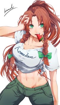 1girl alternate_costume braid clothes_writing commentary_request food green_eyes green_pants groin hand_in_own_hair highres hong_meiling long_hair looking_at_viewer navel nuru_himmel orange_hair pants parted_bangs popsicle shirt side_braids signature solo touhou twin_braids very_long_hair watermelon_bar white_shirt  rating:Sensitive score:8 user:danbooru