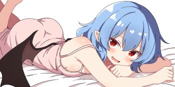  1girl absurdres alternate_costume ass blue_hair blush breast_press dress fang highres korra_down legs_up loli looking_at_viewer lying no_headwear on_stomach open_mouth pink_dress pointy_ears red_eyes remilia_scarlet sleeveless sleeveless_dress smile solo touhou 