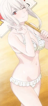  1girl anime_screenshot beach bikini breasts closed_mouth cowboy_shot female_focus frilled_bikini frills holding holding_sign large_breasts nakiri_alice navel one_eye_closed over_shoulder red_eyes shokugeki_no_souma short_hair sign smile solo stitched swimsuit thighs third-party_edit v white_bikini white_hair 