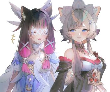  2girls aengdohwa anger_vein animal_ears bare_shoulders black_dress black_hair blue_eyes blush bonnet breasts brown_hair cat_ears cleavage closed_eyes columbina_(genshin_impact) detached_sleeves dress eye_mask fake_animal_ears fang genshin_impact highres long_hair long_sleeves looking_at_animal mask multicolored_hair multiple_girls open_mouth pink_hair sandrone_(genshin_impact) short_hair_with_long_locks simple_background smile two-tone_hair white_background white_bonnet white_dress 