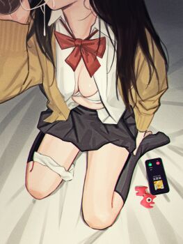  1boy 1girl absurdres black_hair bra breasts cheating_(relationship) cleavage cum cum_in_mouth drizzle_13 ejaculation fellatio hetero highres huge_filesize implied_fellatio long_hair medium_breasts netorare oral original out-of-frame_censoring penis phone phone_call school_uniform translated underwear  rating:Explicit score:565 user:DoctorWasabi