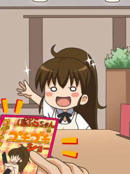 :d awa blush_stickers brown_hair chibi open_mouth ponytail smile sparkle taneshima_popura translation_request working!! rating:Sensitive score:14 user:internetlovemachine