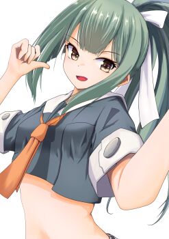  1girl absurdres blunt_bangs brown_eyes commentary_request green_hair grey_shirt highres kantai_collection long_hair midriff neckerchief orange_neckerchief ponytail sailor_collar sailor_shirt shirt sidelocks simple_background solo tastas upper_body w_arms white_background white_sailor_collar yuubari_(kancolle) yuubari_kai_ni_(kancolle) 