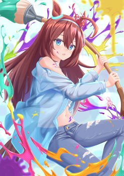  1girl ahoge amazumi animal_ears bare_shoulders blue_eyes blue_pants blush breasts brown_hair commentary_request denim giant_brush grey_hairband hair_between_eyes hairband highres holding holding_paintbrush horse_ears horse_girl horse_tail jacket long_hair long_sleeves looking_at_viewer midriff mihono_bourbon_(umamusume) navel paint paintbrush pants parted_lips see-through_clothes see-through_jacket shirt silver_hairband solo strapless tail torn_clothes torn_pants tube_top umamusume 