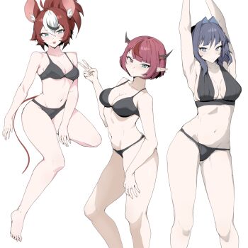  3girls alternate_hairstyle animal_ear_fluff animal_ears armpits arms_up bad_tag black_bra black_hair black_panties black_streaks blue_eyes blue_hair blush bra breasts closed_mouth collarbone commentary demon_horns double-parted_bangs gluteal_fold groin hair_between_eyes hair_intakes hakos_baelz hand_on_own_leg heterochromia highres hololive hololive_english holopromise horns irys_(hololive) large_breasts medium_breasts medium_hair midriff mouse_ears mouse_tail multicolored_hair multiple_girls navel open_mouth ouro_kronii panties pink_eyes pink_hair pointy_ears ponytail red_hair short_hair sio4_4 standing tail thighs underwear untranslatable_commentary v virtual_youtuber white_background white_hair 