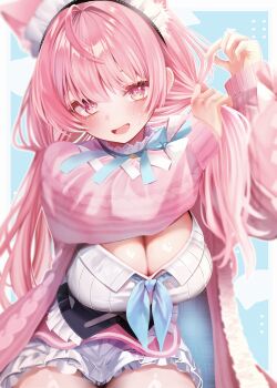  1girl absurdres adjusting_hair ahoge animal_ear_fluff animal_ears blue_background blue_ribbon blurry blush border breasts cardigan cat_ears cat_girl cleavage commentary_request criss-cross_straps depth_of_field dress extra_ears frilled_dress frills hair_intakes hairband hands_up highres iam_ciikawa indie_virtual_youtuber large_breasts long_hair long_sleeves looking_at_viewer low_twintails maid maid_headdress open_mouth pink_cardigan pink_eyes pink_hair ribbon sitting smile solo sweat thighs twintails two-sided_fabric very_long_hair virtual_youtuber white_border white_dress yuuki_sakuna yuuki_sakuna_(3rd_costume) 