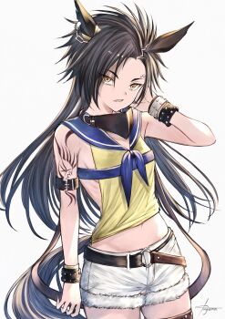  1girl air_shakur_(umamusume) animal_ears arm_tattoo belt black_belt black_hair blue_sailor_collar bracelet breasts commentary_request eyebrow_piercing face_piercing horse_ears horse_girl horse_tail jewelry linked_piercing long_hair looking_at_viewer mask mask_around_neck midriff mugen_kageno navel parted_lips piercing prototype_design sailor_collar sharp_teeth shirt shorts simple_background sleeveless sleeveless_shirt small_breasts solo studded_bracelet tail tattoo teeth thigh_strap tied_shirt umamusume white_background white_shorts yellow_eyes yellow_shirt 