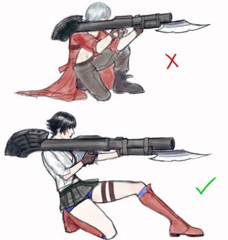  1boy 1girl aiming bike_shorts black_hair boots coat commentary cyanorhis dante_(devil_may_cry) devil_may_cry devil_may_cry_(series) devil_may_cry_3 english_commentary from_side highres kalina_ann_(weapon) lady_(devil_may_cry) no_shirt pants red_coat rocket_launcher shirt simple_background weapon white_background white_hair white_shirt 