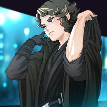  1boy adjusting_clothes anakin_skywalker animification belt black_belt black_gloves black_robe blush bright_pupils brown_hair commentary_request frown gloves male_focus mosuke_2 robe scar scar_across_eye scar_on_face short_hair single_glove solo star_wars star_wars:_revenge_of_the_sith white_pupils 