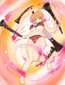  1girl :d ahoge barefoot bow bow_bra bra breasts clarinet cleavage dual_wielding energy green_eyes groin holding instrument kosuzu_(senran_kagura) large_breasts light_particles linea_alba looking_at_viewer medium_hair navel official_alternate_costume official_art open_mouth orange_hair oversized_object panties plaid_bra plaid_clothes plaid_panties red_bra red_panties senran_kagura senran_kagura_new_wave shiny_skin smile solo underboob underwear vortex 
