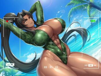 1girl abs action_taimanin alternate_costume arms_up bare_legs beach black_hair bodysuit breasts camouflage_swimsuit dark-skinned_female dark_skin day diving_suit dutch_angle green_one-piece_swimsuit high_ponytail highleg highleg_one-piece_swimsuit huge_breasts lilith-soft lips long_hair mirabell_bell muscular muscular_female ocean official_alternate_costume official_art one-piece_swimsuit palm_tree ponytail recording serious shiny_skin swimsuit taimanin_(series) tree very_long_hair viewfinder wetsuit wide_hips zipper_pull_tab