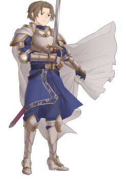 1boy armor arthur_(tear_ring_saga) belt black_belt black_gloves blue_pants breastplate brown_eyes brown_hair cape ebinku full_body gloves highres holding holding_sword holding_weapon pants sheath short_hair shoulder_armor simple_background solo standing sword tear_ring_saga tear_ring_saga_series:_berwick_saga weapon white_background white_cape