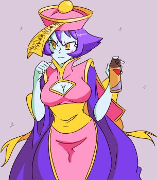  1girl blue_skin breasts bug bug_spray chinese_clothes cleavage colored_skin darkstalkers davewaterfalls hat hate hsien-ko jiangshi purple_hair simple_background solo ward yellow_eyes 