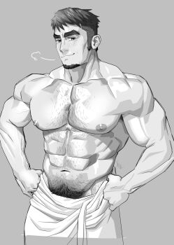  1boy abs bara biceps blush broad_shoulders chest_hair commentary_request grey_background greyscale groin hands_on_own_hips highres huge_pectorals looking_down looking_to_the_side male_focus monmonhomon monochrome muscular muscular_male navel nipples nose original pubic_hair pubic_hair_peek smirk solo stomach_hair thick_arms thick_eyebrows topless_male towel towel_around_waist triceps v-taper veins veiny_arms 