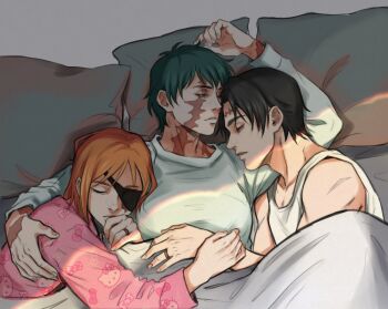  eyepatch green_hair highres jujutsu_kaisen kugisaki_nobara lumen_sky multiple_girls orange_hair scar scar_on_face short_hair sleeping zen'in_maki zen'in_maki_(post_shibuya) 