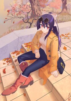  1girl autumn autumn_leaves bag boots coat commission eyewear_on_head handbag highres leaf long_hair looking_at_viewer mix_tou okuribi outdoors ponytail purple_hair rance_(series) red_eyes round_eyewear sitting skeb_commission smile solo 