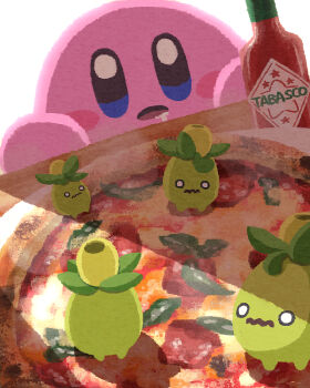  blue_eyes blush_stickers creature_as_food drooling food highres hot_sauce kirby kirby_(series) miclot nintendo no_humans o_o olive parted_lips pizza pizza_box pokemon pokemon_(creature) simple_background size_difference smoliv tabasco wavy_mouth white_background  rating:General score:9 user:danbooru