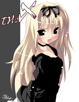 00s 1girl blonde_hair blouse blush choker collarbone fang female_focus hair_ribbon kantoku kusugawa_sasara long_hair looking_at_viewer open_mouth ribbon shirt signature solo to_heart_(series) to_heart_2 to_heart_2_xrated very_long_hair rating:Questionable score:0 user:danbooru