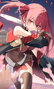  1girl belt black_coat breasts brown_belt brown_thighhighs closed_mouth coat commentary_request covered_navel cropped_jacket dead_ma'am's_chest_(houshou_marine) falling_petals fighting_stance gloves gold_trim hair_ribbon heterochromia highres holding holding_sword holding_weapon hololive houshou_marine houshou_marine_(1st_costume) jacket large_breasts leather_belt leotard leotard_under_clothes long_hair looking_at_viewer miniskirt ocean off_shoulder outdoors petals pleated_skirt pov pov_hands red_eyes red_hair red_jacket red_ribbon red_skirt ribbon skirt sleeveless sleeveless_jacket solo sword thighhighs thomas_8000 torn_cloth torn_clothes torn_coat torn_leotard torn_skirt torn_thighhighs transparent_hand twintails virtual_youtuber weapon white_gloves yellow_eyes 