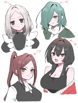  4girls :d arrow_(symbol) ascot bare_shoulders black_hair bonnouji_momoha breasts brown_eyes brown_hair commentary_request double-parted_bangs fang frills frown green_eyes green_hair grey_hair hair_between_eyes hair_over_one_eye half_updo heart highres jacket kimi_no_koto_ga_dai_dai_dai_dai_daisuki_na_100-nin_no_kanojo kuchiha_chiru3 large_breasts light_blush looking_at_viewer maid medium_hair meido_mai multiple_girls nakaji_uto off_shoulder open_clothes open_jacket open_mouth parted_bangs ponytail red_jacket scarf simple_background smile torotoro_kishika track_jacket upper_body white_ascot white_background white_scarf yellow_eyes 