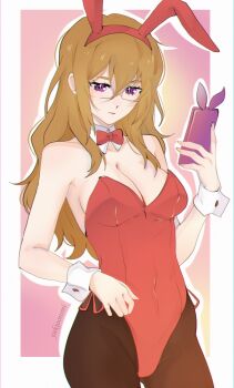  1girl absurdres animal_ear_hairband animal_ears artist_name bare_shoulders black_pantyhose border bow bowtie breasts brown_hair cellphone closed_mouth covered_navel detached_collar fake_animal_ears hairband highres holding kiryuu_moeka leotard long_hair medium_breasts pantyhose phone playboy_bunny purple_eyes rabbit_ear_hairband rabbit_ear_smartphone_case rabbit_ears red_bow red_bowtie red_leotard science_adventure smartphone solo standing steins;gate strapless strapless_leotard very_long_hair white_border white_wrist_cuffs wrist_cuffs yukiooromi 