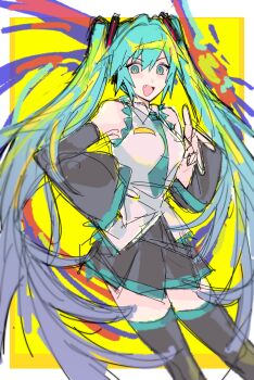  1girl absurdres aqua_hair bare_shoulders black_boots black_skirt black_sleeves blue_necktie boots border breasts collared_shirt cowboy_shot detached_sleeves fang gradient_hair grey_hair hair_between_eyes hair_ornament hand_on_own_hip hand_up hatsune_miku highres long_hair long_sleeves looking_at_viewer medium_breasts miniskirt multicolored_hair necktie open_mouth outside_border pleated_skirt quatro10257041 shirt sidelocks simple_background sketch skirt sleeveless sleeveless_shirt smile solo standing thigh_boots tongue two-tone_hair very_long_hair vocaloid white_border white_shirt wide_sleeves yellow_background 