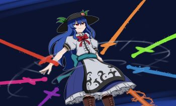  1girl avian_zebra blue_background blue_hair boots bow brown_boots devil_may_cry_(series) energy_sword fighting_game floating floating_object floating_sword floating_weapon food fruit hat highres hinanawi_tenshi holding holding_sword holding_weapon lace-up_boots long_hair long_skirt marvel_vs._capcom marvel_vs._capcom_3 peach puffy_short_sleeves puffy_sleeves red_eyes shirt short_sleeves simple_background skirt smile solo sword sword_of_hisou touhou two-tone_background v-shaped_eyebrows vergil_(devil_may_cry) weapon 