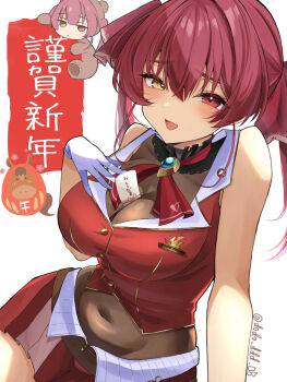  1girl ascot between_breasts black_choker black_leotard breasts choker cleavage commentary_request cropped_jacket dodo_ddd_08 fang frilled_choker frills hair_ribbon heterochromia highres hololive houshou_kumarine houshou_marine houshou_marine_(1st_costume) jacket large_breasts leotard leotard_under_clothes long_hair red_ascot red_eyes red_hair red_jacket red_ribbon red_skirt ribbon skin_fang skirt sleeveless sleeveless_jacket twintails virtual_youtuber yellow_eyes 