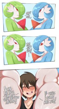 1boy 2girls 3koma =_= alternate_color belly black_shirt blue_background blue_hair blue_skin blush bob_cut brown_hair chromatic_aberration closed_eyes closed_mouth collarbone colored_skin comic english_text eye_contact flat_chest from_side gardevoir gen_3_pokemon green_hair green_skin hair_between_eyes hair_over_one_eye happy heart looking_at_another looking_down multicolored_skin multiple_girls multiple_views nervous nintendo nose_blush one_eye_covered open_mouth outside_border pokemon pokemon_(creature) profile raised_eyebrows red_eyes saltyxodium shiny_and_normal shiny_pokemon shirt short_hair sidelocks smile sweat talking teeth thick_thighs thighs tongue two-tone_skin white_skin