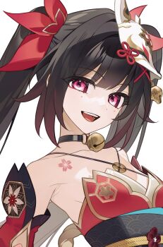  1girl absurdres armpits bell black_choker black_hair black_sash breasts chest_tattoo choker collarbone commentary detached_sleeves facial_mark flower_tattoo fox_mask highres honkai:_star_rail honkai_(series) japanese_clothes kimono long_hair looking_at_viewer mask neck_bell o-ring_dress open_mouth pink_eyes red_kimono red_ribbon ribbon sash small_breasts smile solo sparkle_(honkai:_star_rail) strapless strapless_kimono tattoo turine_chu twintails unworn_mask upper_body 