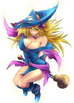  1girl adjusting_clothes adjusting_headwear bare_shoulders blonde_hair blue_boots blush_stickers boots bracer breasts choker cleavage dark_magician_girl duel_monster female_focus fingerless_gloves full_body gloves green_eyes hat large_breasts long_hair looking_at_viewer pentacle smile solo staff thighs white_background wizard_hat yamaneko yu-gi-oh! yu-gi-oh!_duel_monsters 