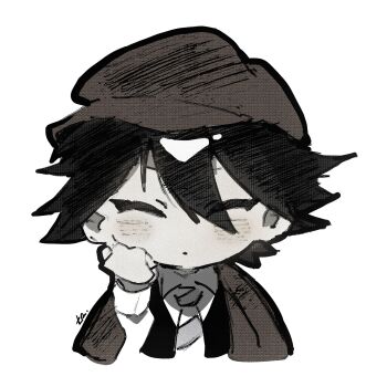  1boy black_hair blush brown_cape brown_hat bungou_stray_dogs cape closed_mouth edogawa_ranpo_(bungou_stray_dogs) facing_viewer hair_between_eyes hand_on_own_face hashtag-only_commentary hat highres male_focus necktie septxll shirt short_hair simple_background solo vest waistcoat white_background white_shirt 