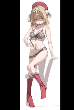  1girl absurdres arm_at_side arm_support blonde_hair blush bow bow_bra bow_panties bra breasts center-flap_bangs cleavage commentary english_commentary english_text full_body grey_bra grey_panties groin hair_ornament hair_rings hat highres holding holding_paintbrush indie_virtual_youtuber looking_at_viewer measuring medium_breasts navel no_shoes open_mouth paintbrush panties panty_pull penis_measuring pillarboxed pom_pom_(clothes) pom_pom_hair_ornament red_hat red_socks scarlet_(wv0102) shigure_ui_(vtuber) short_hair socks solo stomach striped_bra striped_clothes striped_panties sweat underwear underwear_only vertical-striped_bra vertical-striped_clothes vertical-striped_panties 