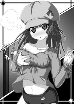  1girl bakemonogatari blush breasts buruma newsboy_cap female_focus grabbing_another's_breast groping hat monochrome monogatari_(series) navel otogi_yume_(pixiv) sengoku_nadeko solo sweat  rating:Questionable score:18 user:cashballer
