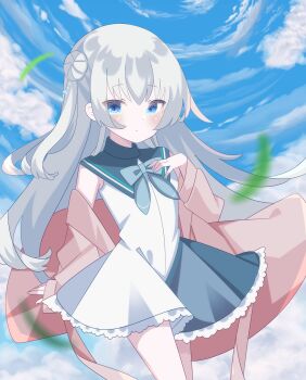  1girl 9ra4ki33 :< absurdres anemoi aqua_sailor_collar arm_behind_back bare_shoulders blue_eyes blue_sky blurry blush bow bowtie closed_mouth cloud commentary cowboy_shot day depth_of_field dress expressionless falling_leaves floating_hair frilled_dress frills grey_bow grey_bowtie grey_hair hair_between_eyes hair_bun hand_up highres leaf long_hair looking_at_viewer one_side_up outdoors sailor_collar sailor_dress short_dress single_side_bun sky sleeveless sleeveless_dress solo tsujikura_spica very_long_hair 